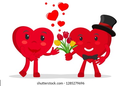 Heart in a hat gives a bouquet of flowers on a white background. Valentine's day