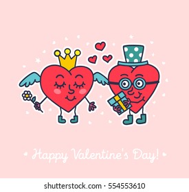 Heart hat gives a gift to the girlfriend on a pink background. Happy Valentine's Day. Can be used for greeting card, print on T-shirt or bags, element for design