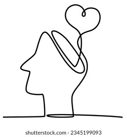 Heart in head in one single Continuous one line drawing. Concept of mental disorder, finding solution, chaotic thinking process, confused mind. Vector illustration 