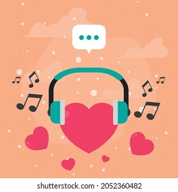 heart with headphone and music notes on orange background