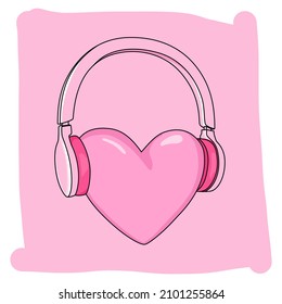 Heart and headphones. Illustration of love for music. Listen to your heart. Pink background. Vector EPS 10.