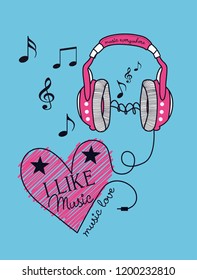 Heart And Headphones  Music  Slogan Print 