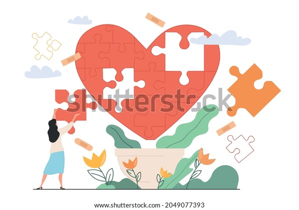 Heart healing therapy after emotional and\
painful marriage divorce as missing jigsaw puzzle pieces. Concept\
of mental recovery after relationship breakup loss. Flat cartoon\
vector illustration