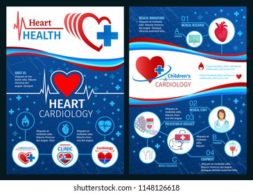 Heart health brochure or cardiology clinic medical posters. Vector design of cardiologist doctor with stethoscope, cardio pill medicines or cardiogram and cardiovascular disease prevention