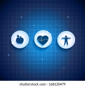 Heart health care concept symbols. Healthy food and fitness leads to healthy heart. Deep blue color background.