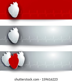 Heart health care design. Abstract medical banners. Red and grey human hearts, normal cardiogram.