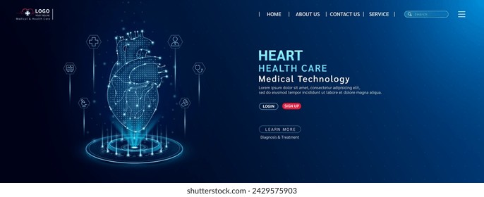 Heart health care. Diagnose disease with technology artificial intelligence. Medical website template layout design. Banner for medical ads online social media. Science medicine business. Vector.