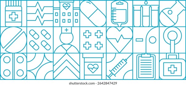 Padrão geométrico dos cuidados de saúde do coração. Plano de fundo moderno de ladrilho vetorial com ícones de contorno vermelho. Medicamentos e farmácia comprimidos, coração, hospital, enfermeiro, seringa, tubos de ensaio, kit de primeiros socorros e símbolos de cruz
