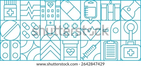 Heart health care geometric pattern. Modern vector tile background with red outline icons. Medical and pharmacy pills, heart, hospital, nurse, syringe, test tubes, first aid kit and cross symbols