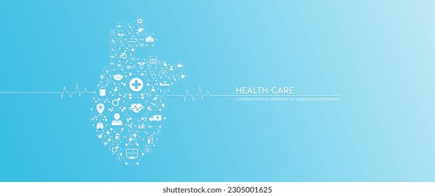 Herzgesundheit. Medizinische Symbole innerhalb von Hexagons, die in der Form des menschlichen Herzens mit weißem Puls des Herzens verbunden sind. Organisiert Symbole auf blauem Hintergrund. Banner-Konzept für medizinische Versorgung Vektorgrafik.