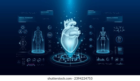Heart health care technology with scan virtual interface hologram style. X ray and MRT human body examination. Medical diagnostic with HUD, UI, GUI. Analysis in futuristic laboratory. Vector EPS10.