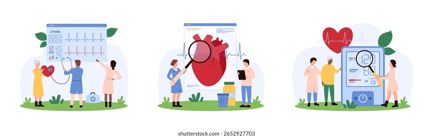 Exame de saúde do coração e do sistema cardiovascular, conjunto cardiológico. Cardiologistas minúsculos escutam o coração com estetoscópio, as pessoas pesquisam o relatório EKG com a ilustração do vetor de desenhos animados de lupa