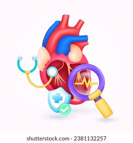 Heart health check up with doctor. Yellow pulse in magnifying glass looking heart diagnosis and shield symbol cross, check mark button. Medical health care. 3d icon organ anatomy cartoon vector.