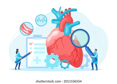 Heart health check up and tiny cardiology specialist with magnifying glass take care professional medical examination pulse cardiogram. Health care and disease diagnostic concept. Vector illustration