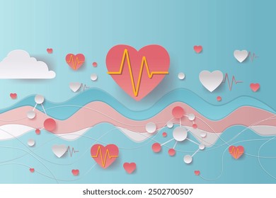 Heart health concept with heartbeat lines and interconnected dots on a blue background with clouds and waves paper cut style