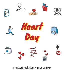 Heart health day doodle illustration with item vector 