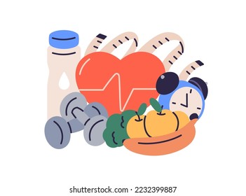 Heart health and diet concept. Healthy dietary food, bottle of water and healthcare. Vitamin fruits, nutrition, sport dumbbells composition. Flat vector illustration isolated on white background