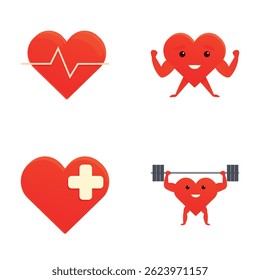 Heart health icons set cartoon vector. Cute happy healthy heart organ. Cartoon character