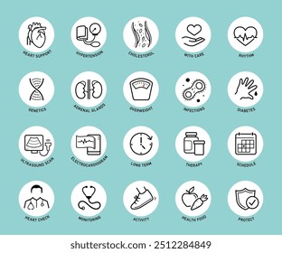 Heart health, illness icon set. The outline icons are well scalable and editable. Contrasting elements are good for different backgrounds. EPS10.
