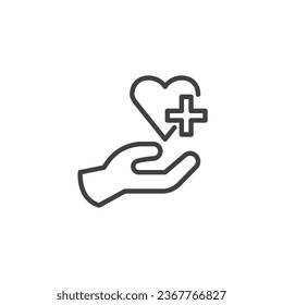 Heart health line icon. linear style sign for mobile concept and web design. Hand and heart with medical cross outline vector icon. Symbol, logo illustration. Vector graphics