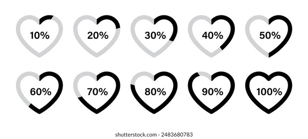 Heart health loading progress infographics with percentage set in stoke style in black and grey color. Set of heart health loading infographics in outline stroke style from 10 percent to 100 percent.