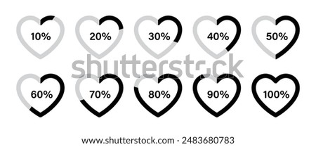 Heart health loading progress infographics with percentage set in stoke style in black and grey color. Set of heart health loading infographics in outline stroke style from 10 percent to 100 percent.