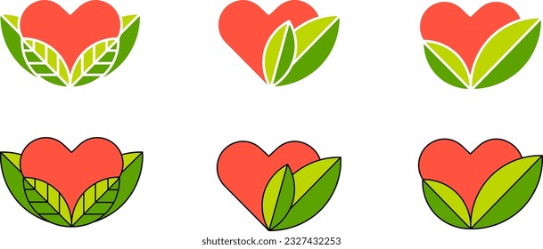 Heart health. Logos of Ecological drugs for the heart. Biologically natural cardio theme. A set of colored icons from the heart with green leaves with and without outline.