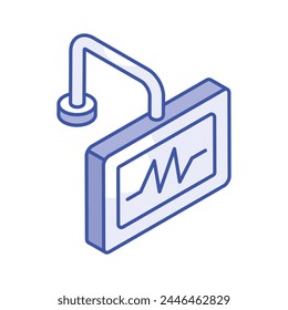 Heart health palpitation monitoring, icon of ecg monitor in isometric design