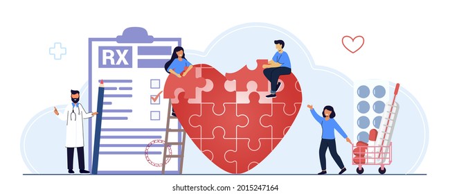 Heart Health Puzzle Wellness Concept Health Care Team Working Together In Unity And Managing Abstract Heart Puzzle Jigsaw Symbol World Heart Day Health Care Awareness Tiny People Concept Vector 