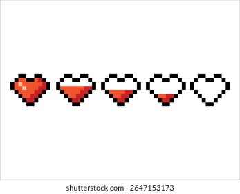 Heart. Health scale. Game elements. Retro 8 bit icons for old school platformer video game. Pixel art. Vector illustration isolated on white background.