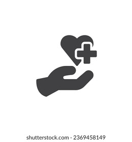 Herzgesundheit, Vektorsymbol. volles Flachzeichen für mobiles Konzept und Webdesign. Hand und Herz mit medizinischem Kreuz-Symbol. Symbol, Logo-Abbildung. Vektorgrafik