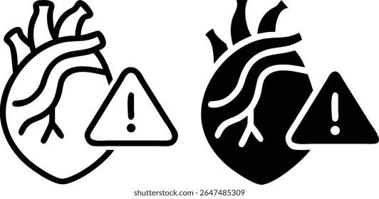 Heart Health Warning Icon Set – Black and White Medical Alert Symbol Vector Illustration