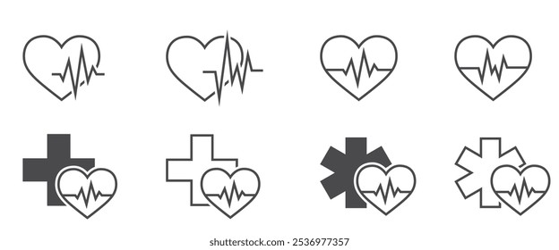 Conjunto de ícones de saúde do coração. Símbolos de emergência cardíaca e cardiologia. Imagens vetoriais isoladas médicas em estilo simples