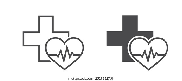 Linha de saúde cardíaca e ícones planos. Cardiograma e símbolos cruzados. Elementos de design médico. Imagens vetoriais isoladas em estilo simples