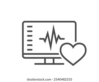 Heart healthcare line icon. Digital healthcare, cardiogram and heartbeat on computer monitor. Isolated vector image in simple style