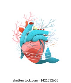 Heart of the Healthy Ecology Ocean or Sea Environment Surreal Coral Reef and Whale Design. Fantasy ocean or sea imaginary composition with whale flipper. Heart, coral reef and fish underwater life. 