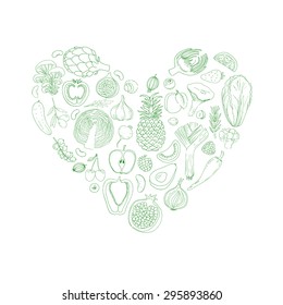 Heart from healthy food. Green eco background.  Linear vector illustration. Sketch. Herb, vegetables, fruit, berries. Hand drawn elements. Organic.