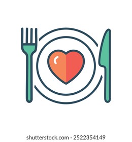 Heart healthy food. Plate with fork, knife and heart, representing healthy food.