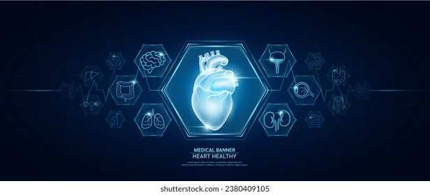 Herz gesund. Symbole menschlicher Organe. Design-Vorlage für Medical Science-Banner. Gesundheitspflege medizinischer Check-up zu innovativer futuristischer digitaler Technologie. Untersuchung von Organ und Herzimpuls. Vektorgrafik.