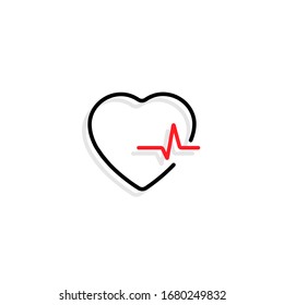 Corazón con latido. Corazón negro con latido rojo y sombra en diseño plano, aislado en fondo blanco. Icono vectorial de latido cardíaco y latido cardíaco. Ilustración vectorial.