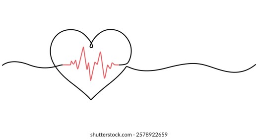 heart with heartbeat continuous one line drawing, Heartbeat Continuous Line Icon, Heartbeat Continuous Line Art Illustration, Doodle Heart with Pulse. Hand Drawn Symbol Vector. heart beat with a love.