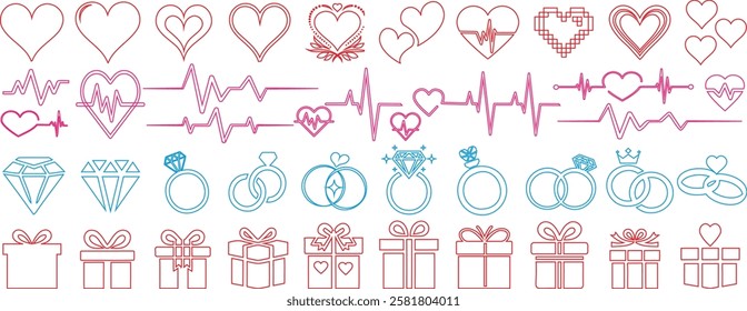 Heart, heartbeat, diamond rings, gifts box vector set. Romantic icons for Valentine's Day, weddings, anniversaries, celebrations, proposals, and love themed designs