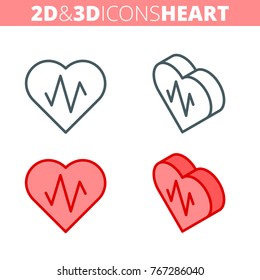 The heart and heartbeat. Flat and isometric 3d outline icon set. The heart shape with pulse line illustration collection. Vector linear infographic elements for web design, social media, presentations