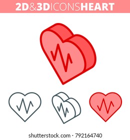 The heart and heartbeat. Flat and isometric 3d outline icon set. The heart shape with pulse line illustration collection. Vector linear infographic elements for web design, social media, presentations
