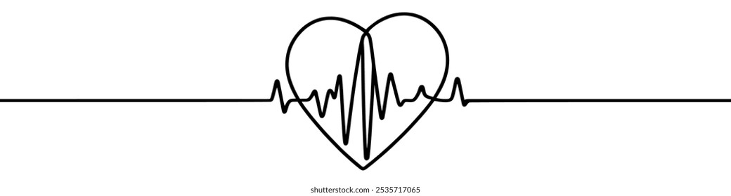 Heart with heartbeat icon. Line drawing of pulse. Vector illustration.