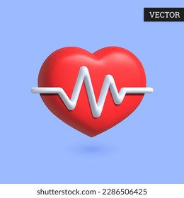 Corazón con latido de corazón línea 3d icono en estilo de caricatura. Ilustración del pulso del latido del corazón. Elemento de diseño para la medicina. Ilustración vectorial.