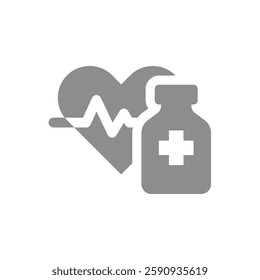 Heart with heartbeat or pulse and pill bottle. Cardiology medicine and drug vial or flacon.