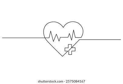 Heart with Heartbeat Sign and with Cross continuous one line drawing, Continuous line drawing of medical cross and heart love with heartbeat, Vector illustration.