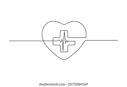 Heart with Heartbeat Sign and with Cross continuous one line drawing, Continuous line drawing of medical cross and heart love with heartbeat, Vector illustration.