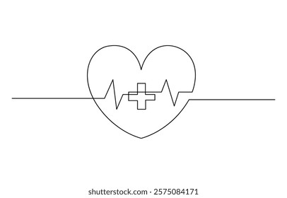 Heart with Heartbeat Sign and with Cross continuous one line drawing, Continuous line drawing of medical cross and heart love with heartbeat, Vector illustration.